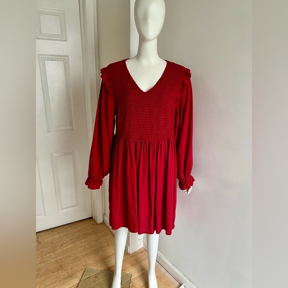 Beach Lunch Lounge Long Sleeve Smocked Babydoll Red A-line Dress V-neck Boho XXL - Picture 5 of 10
